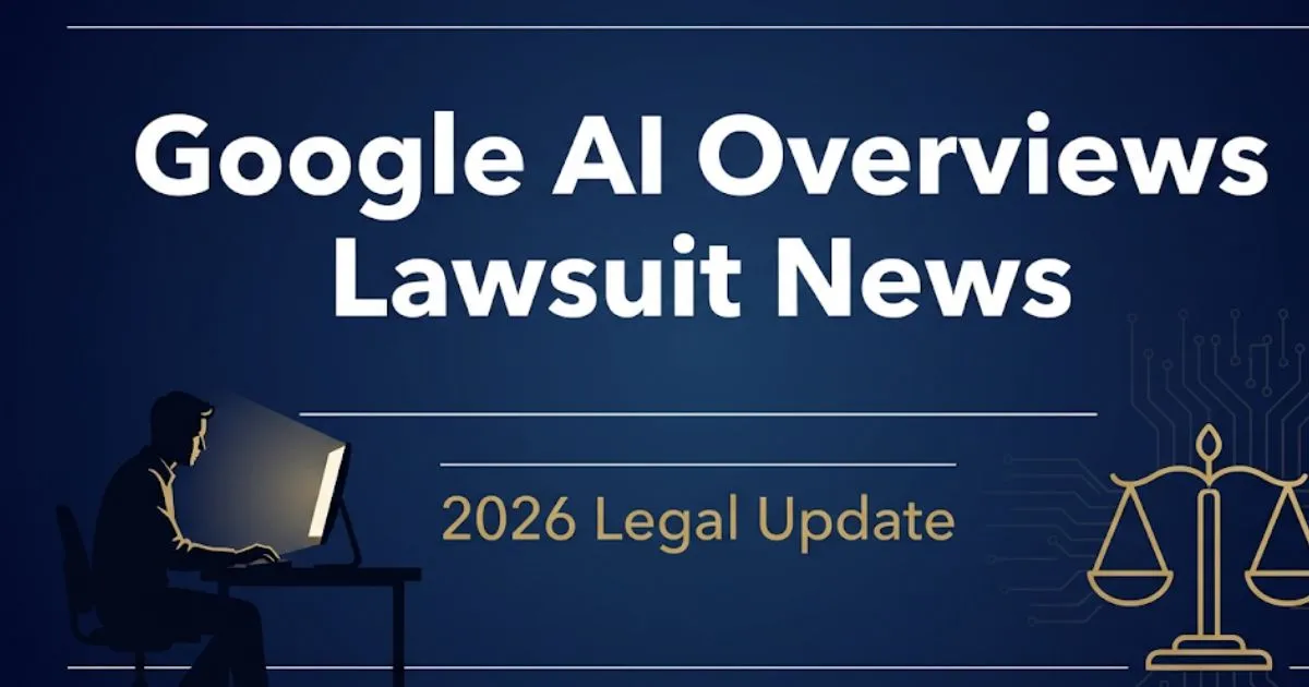 Google AI Overviews lawsuit news 2026 update banner with legal scales and AI circuit design elements