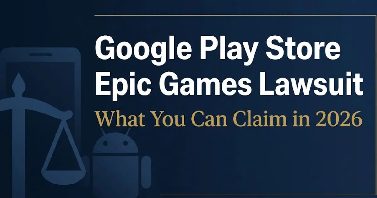 Google Play Store Epic Games lawsuit 2026 claim guide banner showing legal scales and settlement information for Android users