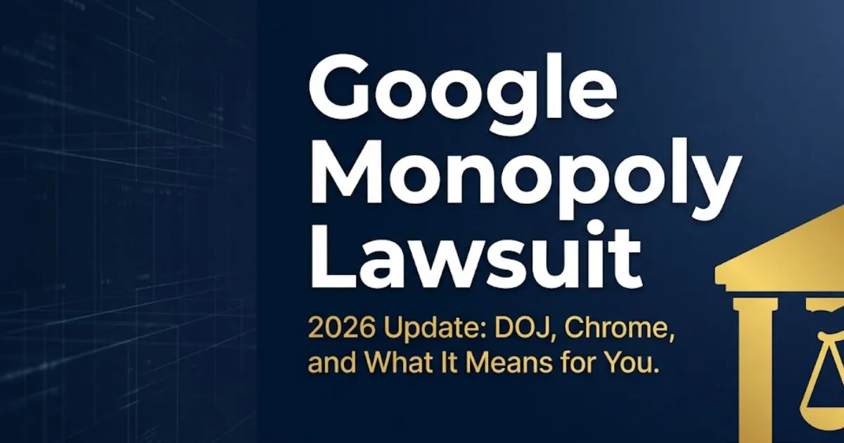 Google monopoly lawsuit 2026 blog banner with courthouse silhouette, legal scales, and DOJ chrome sale update headline