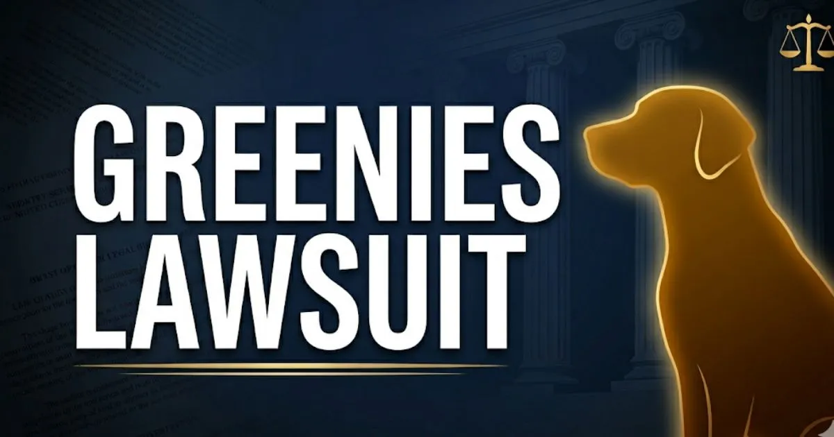 Greenies lawsuit 2026 blog banner showing bold headline text with legal scales and dog silhouette on navy background