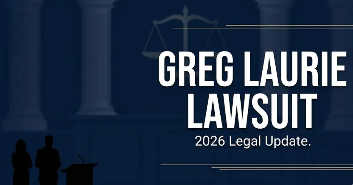 Greg Laurie lawsuit 2026 legal update banner with scales of justice and courtroom silhouette on navy background
