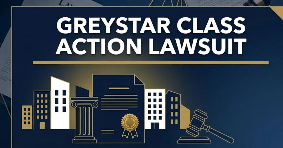 Greystar class action lawsuit 2026 guide banner with courthouse icons and apartment silhouettes on navy background