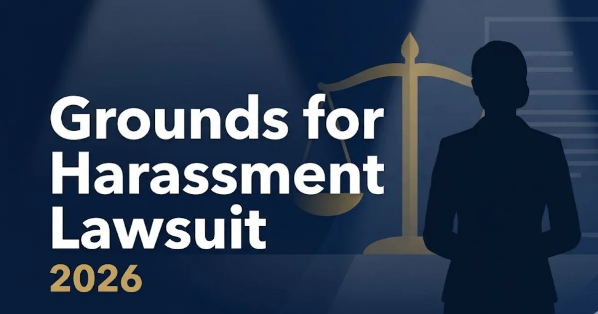 Grounds for harassment lawsuit 2026 legal guide banner with scale of justice and navy blue courtroom background