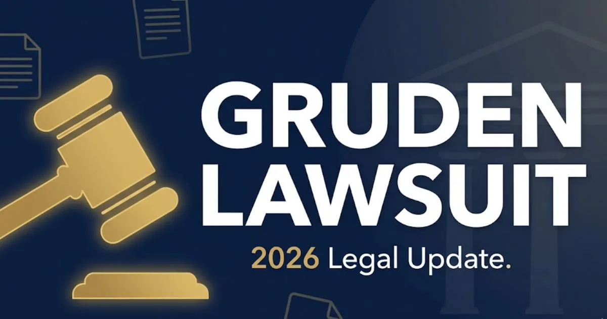 Gruden lawsuit 2026 legal update banner with gavel icon and navy background for editorial blog article