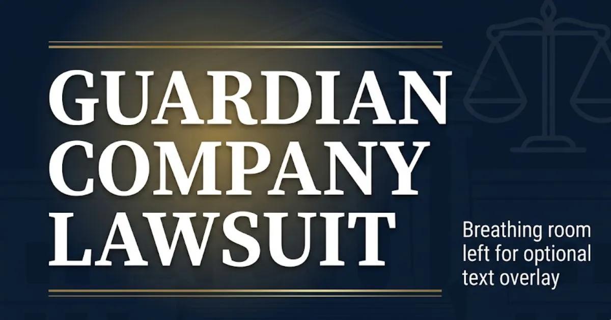 Guardian company lawsuit 2026 legal guide banner with courthouse silhouette and scales of justice on navy background