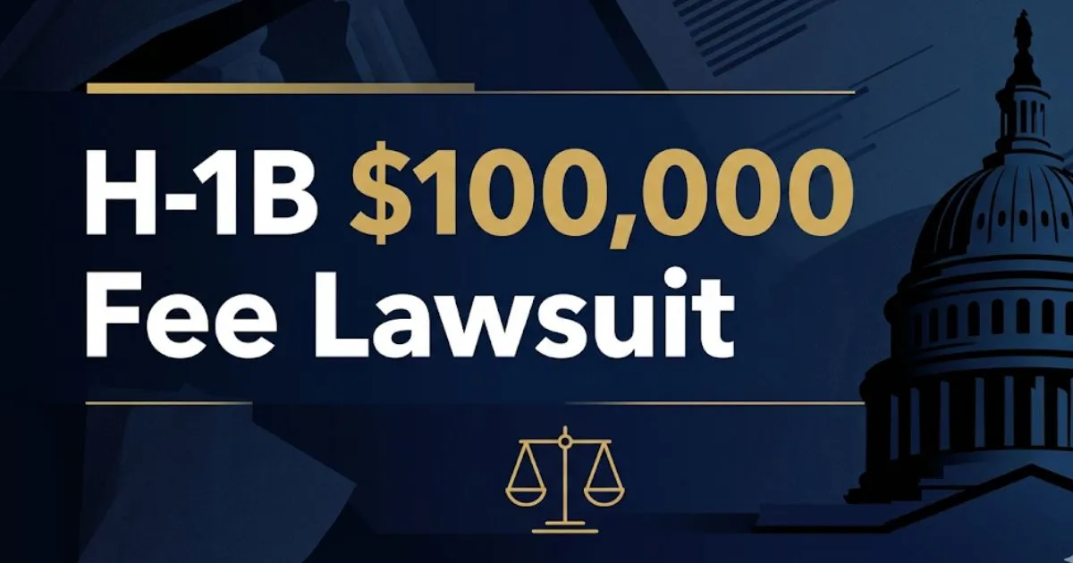 H-1B $100,000 fee lawsuit 2026 legal guide banner with courthouse silhouette and gold legal scale icon