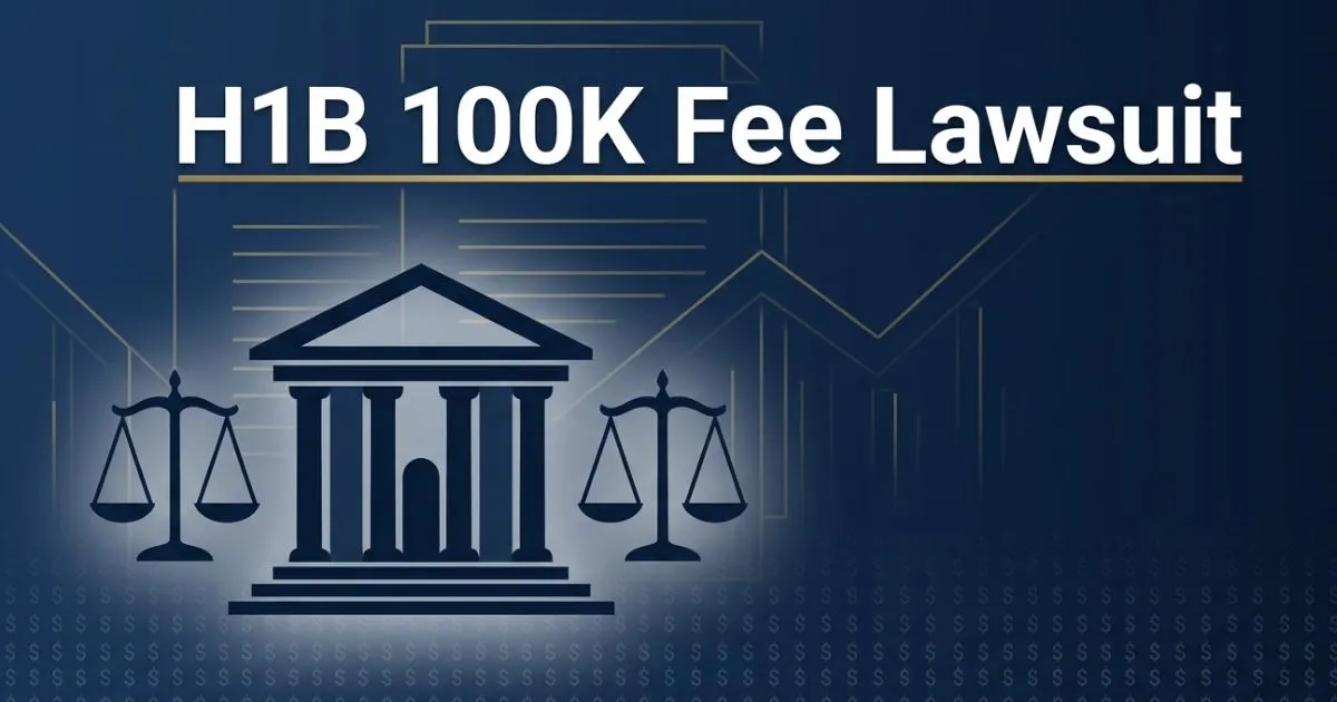 H1B 100K fee lawsuit banner with courthouse scales and legal design elements