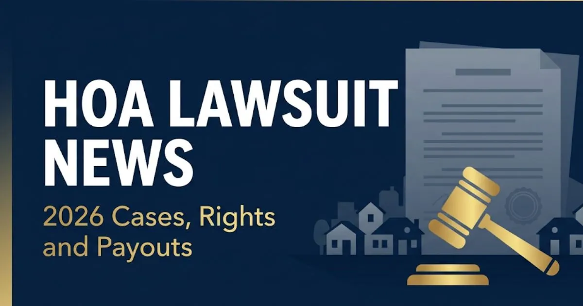 HOA lawsuit news 2026 banner showing legal gavel icon and suburban home silhouettes on navy background