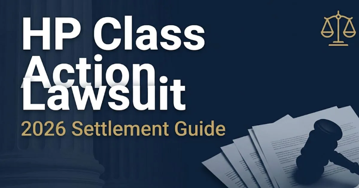 HP class action lawsuit 2026 settlement guide hero banner with legal gavel and document icons on navy background