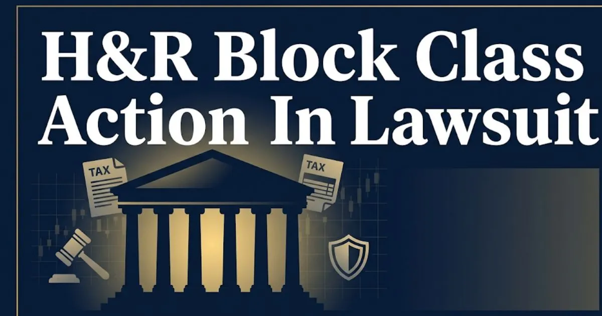 H&R Block class action lawsuit 2026 guide with courthouse and legal symbols on navy background