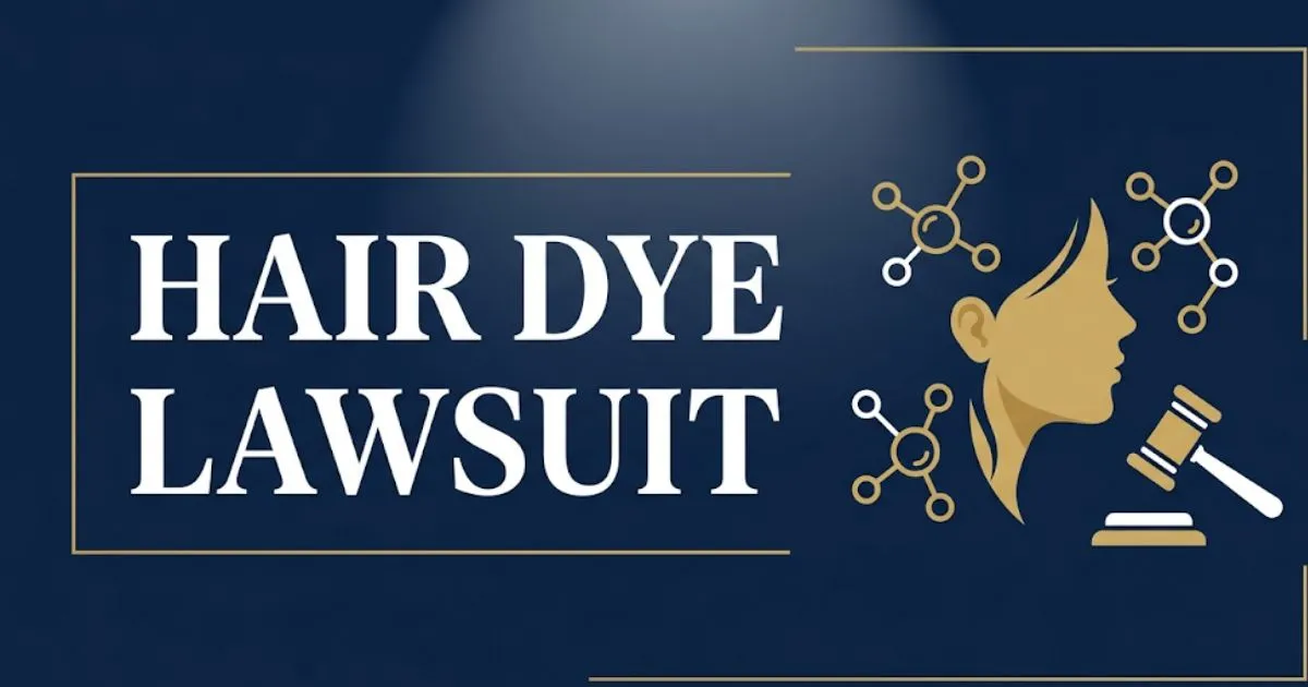 Hair dye lawsuit 2026 banner showing bold title text with legal gavel and chemical molecule icons on navy background