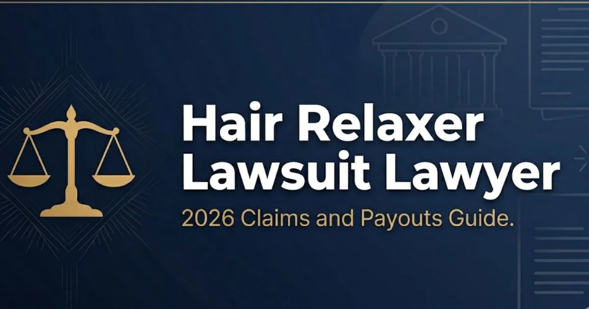 Hair relaxer lawsuit lawyer 2026 banner showing courthouse silhouette and gavel icons on navy background