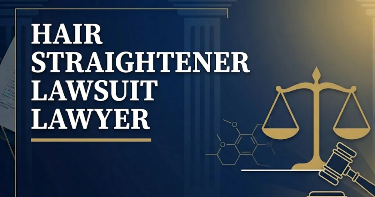 Hair straightener lawsuit lawyer 2026 guide banner with legal scales and gavel on navy background