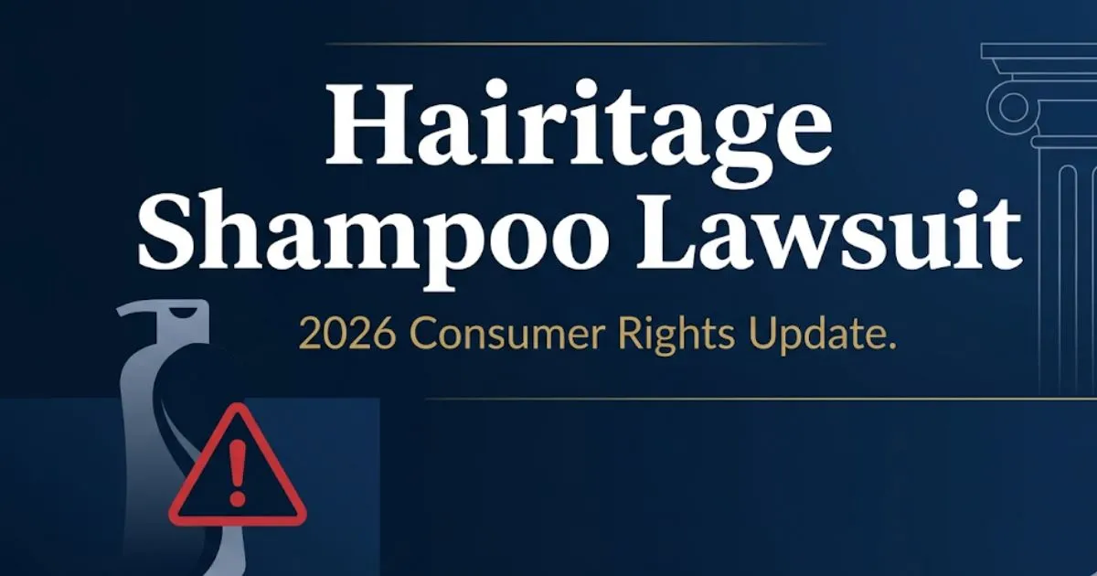 Hairitage shampoo lawsuit 2026 legal banner with warning symbols and courthouse imagery on navy background