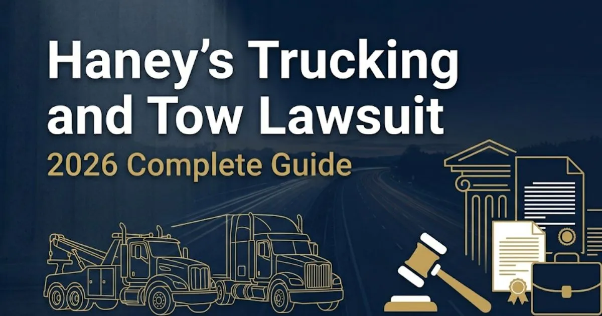 Haney's Trucking and Tow Lawsuit 2026 guide banner with tow truck silhouette and legal icons on navy background
