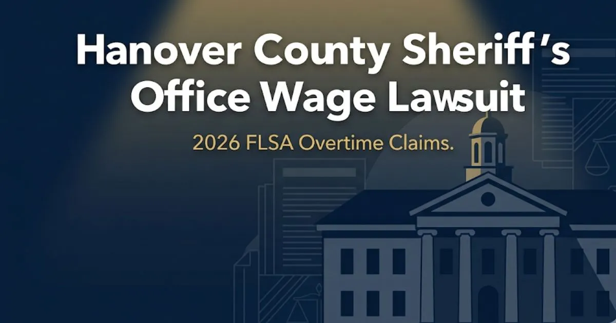 Hanover County Sheriff's Office Wage Lawsuit 2026 banner with courthouse silhouette and legal icons on navy background