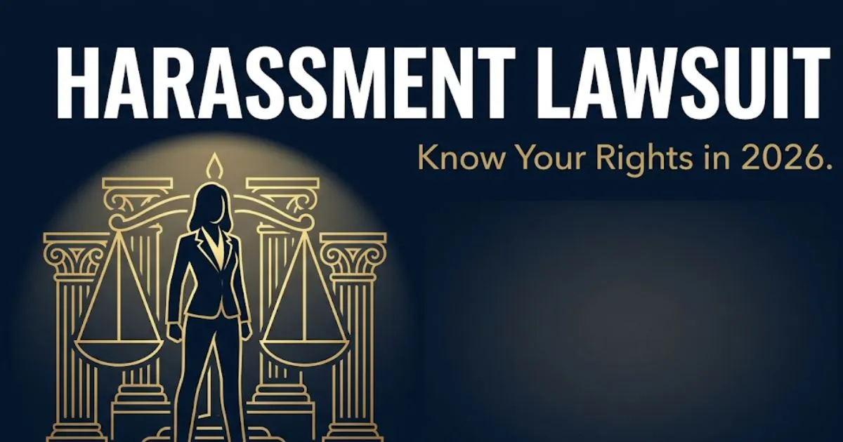 Harassment lawsuit 2026 guide banner showing legal scales silhouette and bold headline on navy background