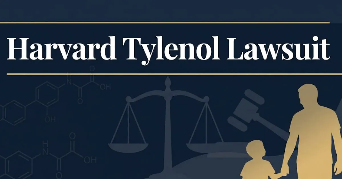 Harvard Tylenol lawsuit 2026 updates banner with legal symbols and settlement information