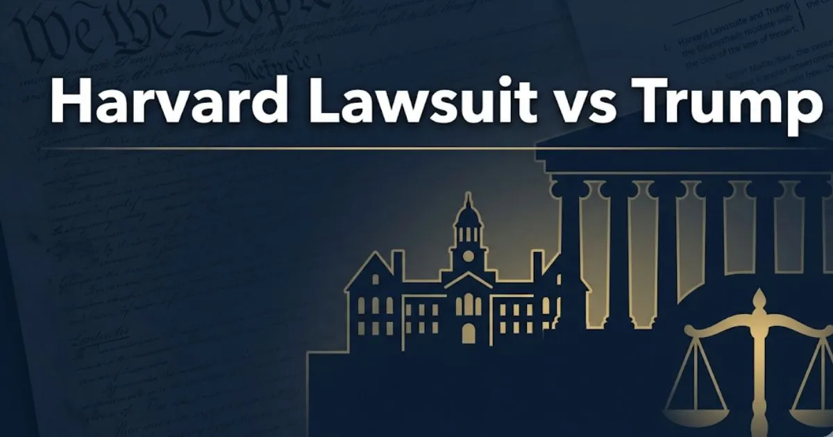 Harvard lawsuit trump 2026 legal breakdown banner with university silhouette and scales of justice on navy background