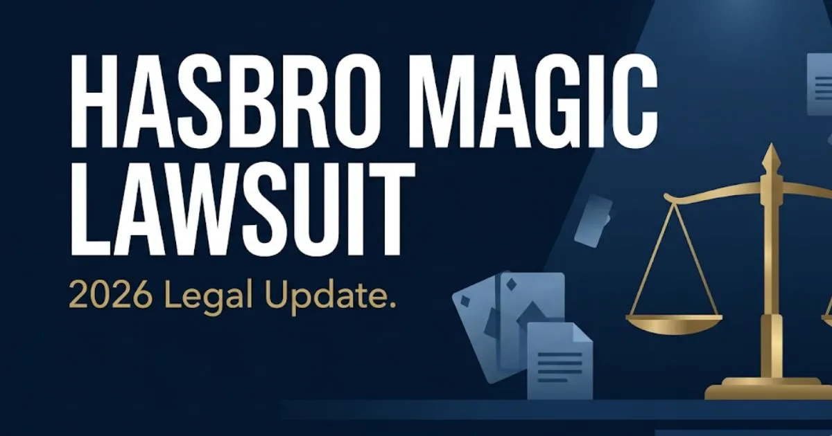 Hasbro Magic lawsuit 2026 legal update banner with scales of justice and navy gold design