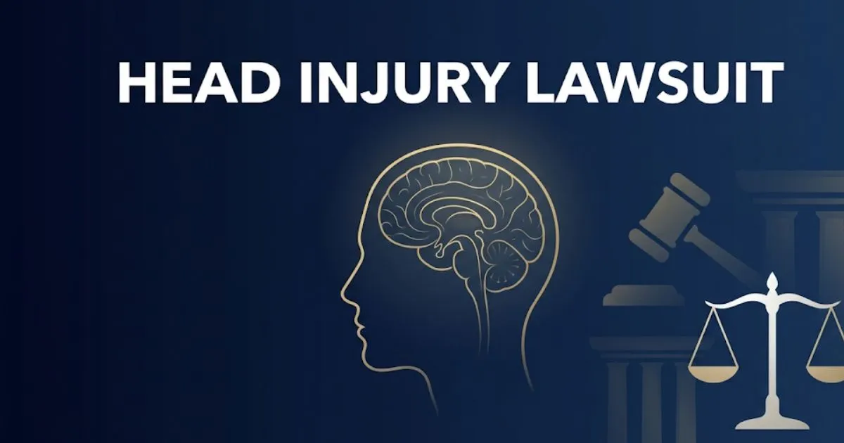 Head injury lawsuit 2026 guide with legal symbols and brain scan silhouette on navy background