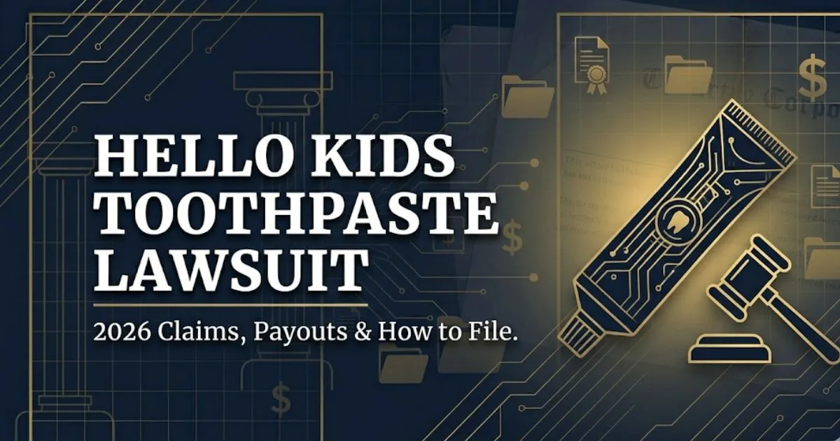 Hello Kids Toothpaste Lawsuit 2026 banner with legal gavel and toothpaste silhouette on navy background