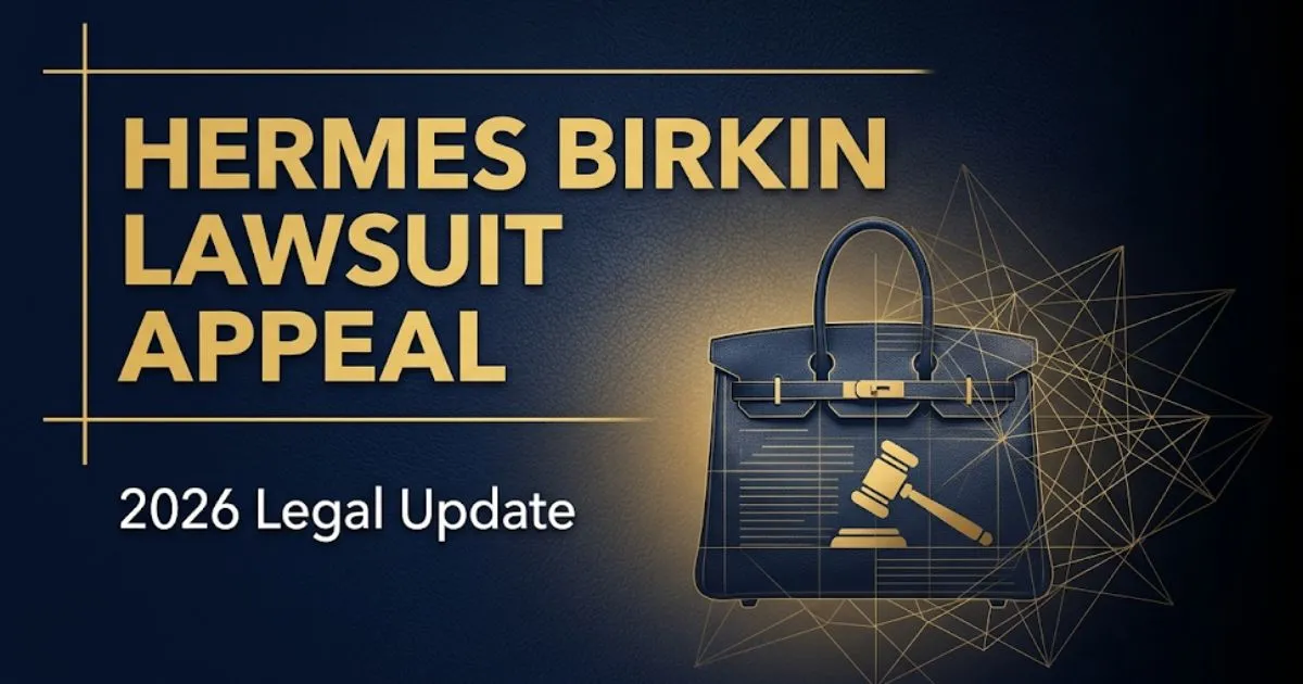 Hermes Birkin lawsuit appeal 2026 legal update banner with gavel and handbag silhouette on navy background