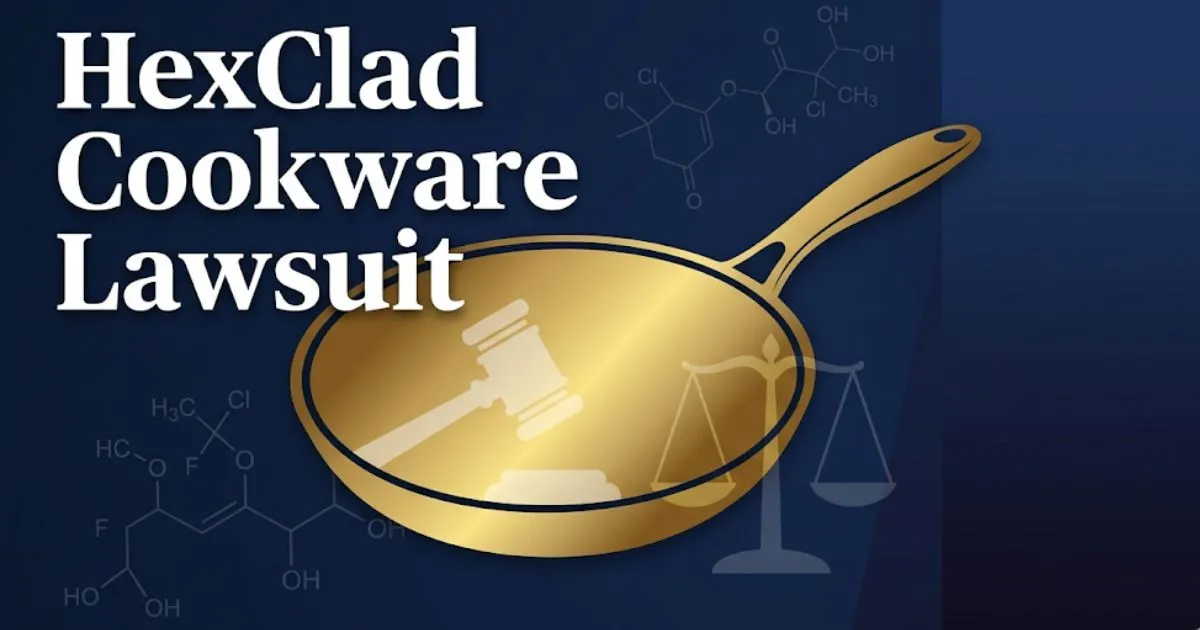 HexClad cookware lawsuit 2026 banner with pan silhouette and legal symbols on navy background