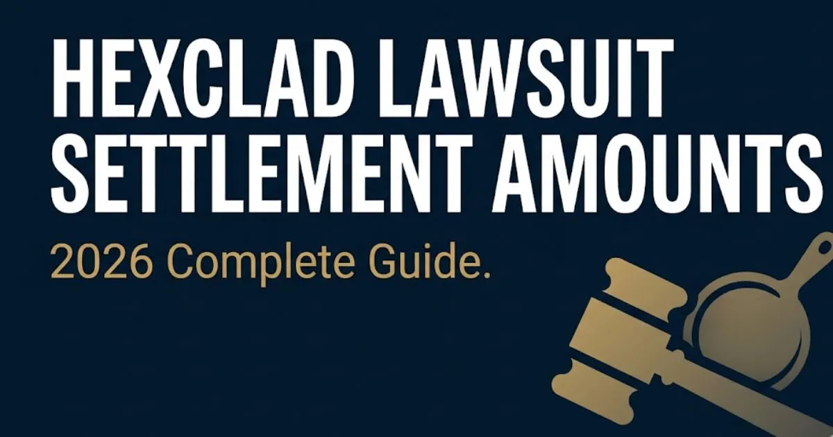 HexClad lawsuit settlement amounts 2026 guide banner with legal gavel and cookware icons on navy background