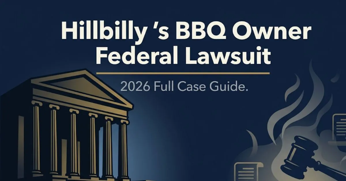 Hillbilly's BBQ owner federal lawsuit 2026 guide banner with courthouse silhouette and legal icons on navy background