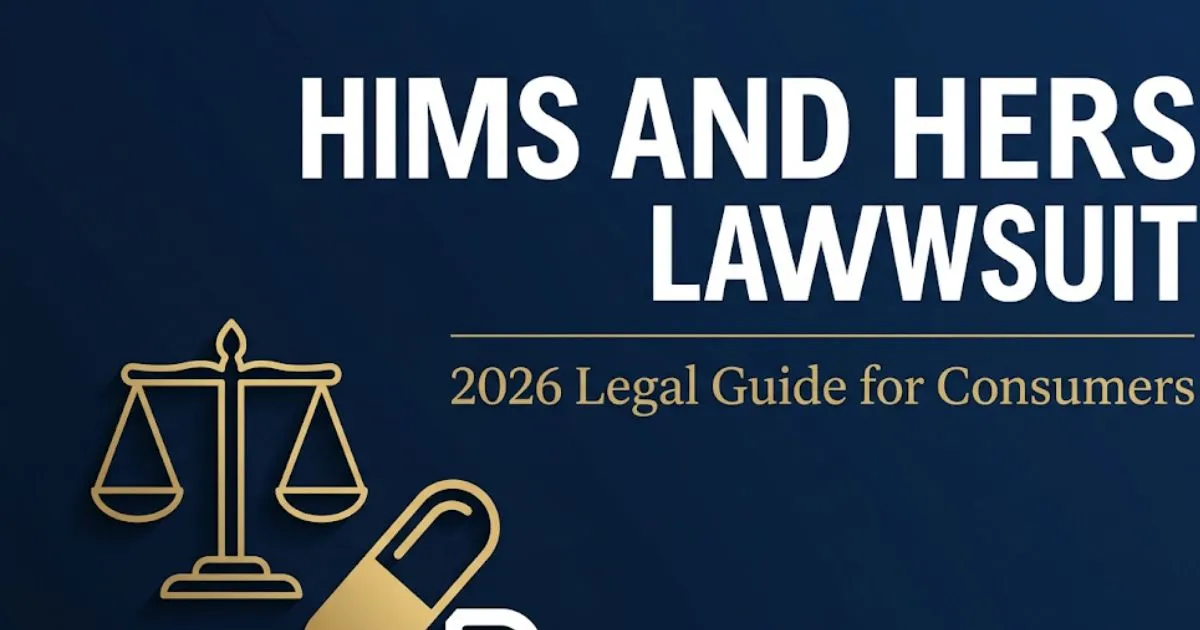 Hims and hers lawsuit 2026 legal guide banner with scales of justice and capsule icons on navy background