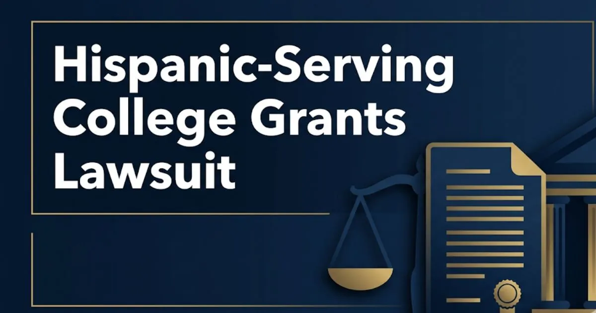 Hispanic-serving college grants lawsuit 2026 legal guide banner with courthouse icons and scales of justice