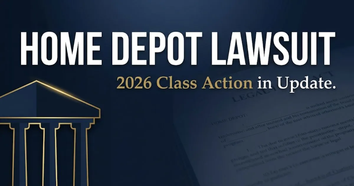 Home Depot Lawsuit 2026 class action update banner with courthouse silhouette on navy background