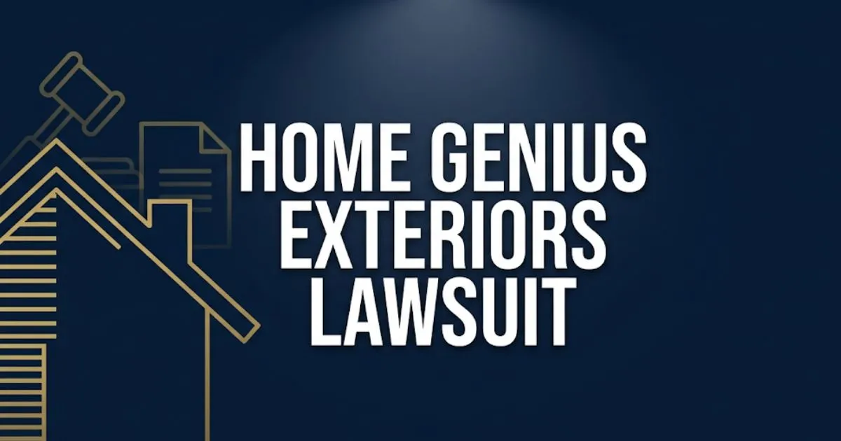 Home Genius Exteriors Lawsuit 2026 guide banner with house silhouette and legal gavel icons on navy background