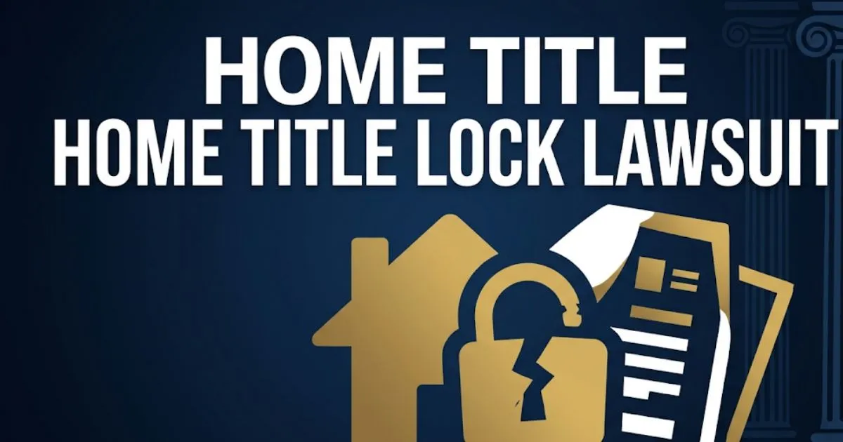 Home Title Lock lawsuit 2026 hero banner with house silhouette, broken padlock icon, and legal document symbols on navy background