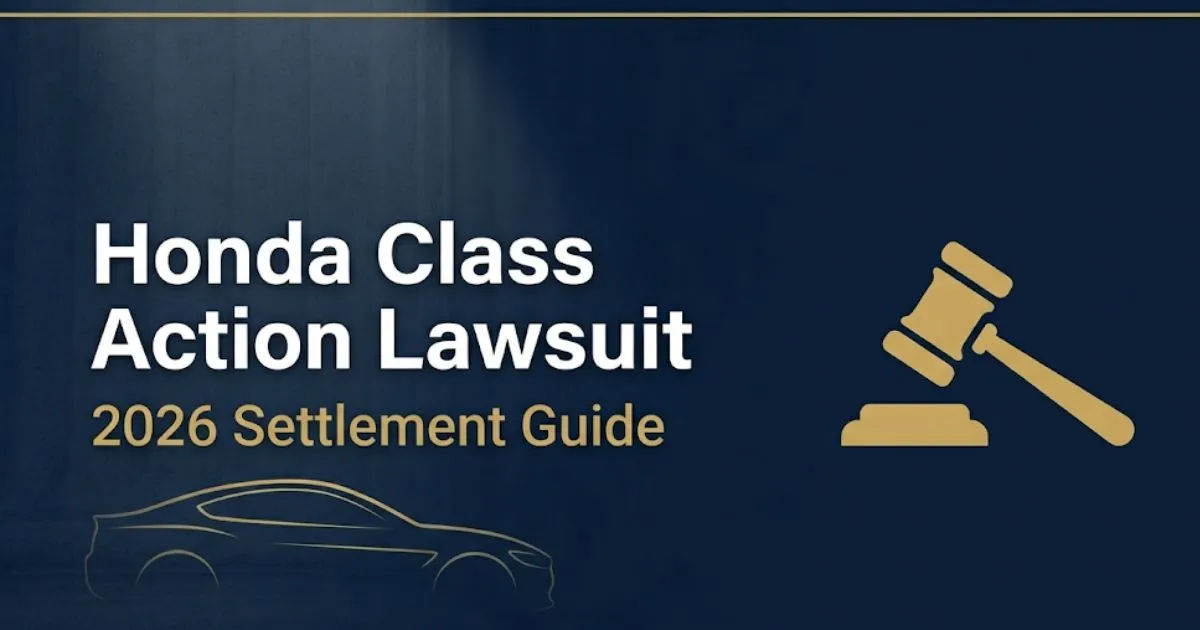 Honda class action lawsuit 2026 settlement guide banner with gavel and car silhouette on navy background