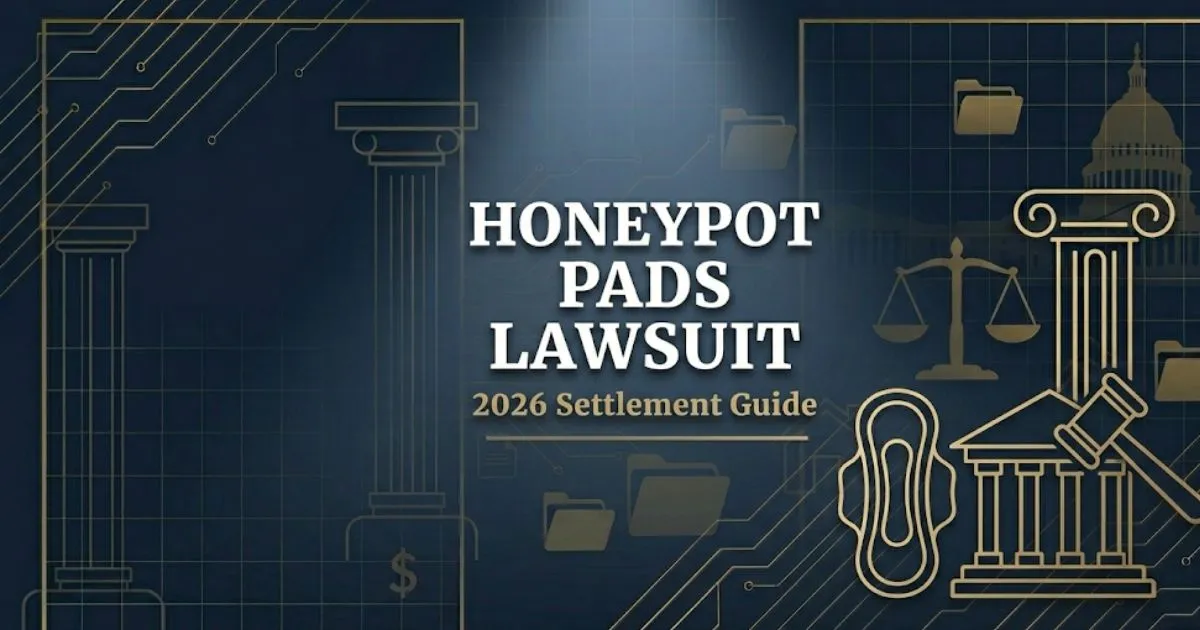 Honeypot pads lawsuit 2026 settlement guide banner with legal scale icon on navy background