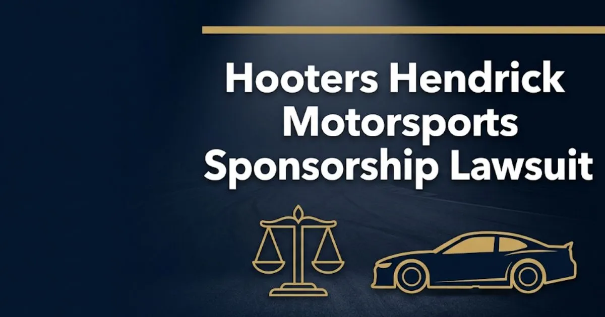 Hooters Hendrick Motorsports sponsorship lawsuit 2026 editorial banner with legal scales and race car silhouette