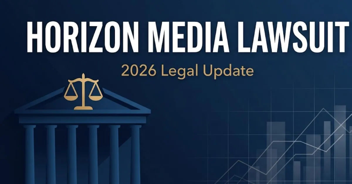 Horizon Media Lawsuit 2026 legal update banner with courthouse silhouette and scales of justice on navy background