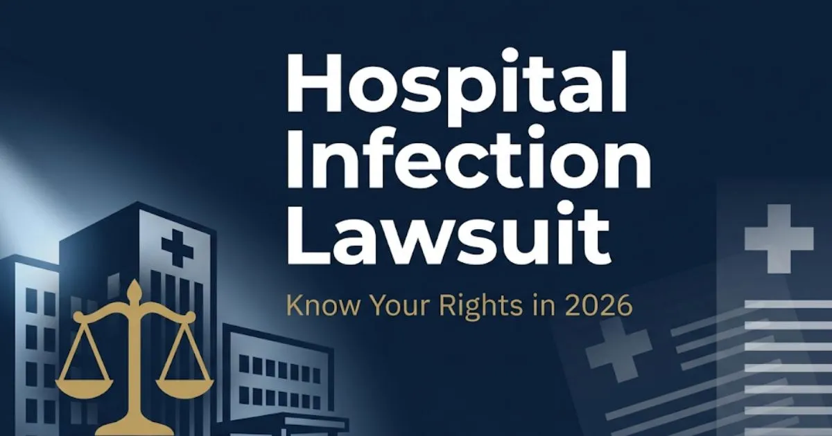 Hospital infection lawsuit 2026 legal guide banner with navy background, gold accents, and hospital silhouette icon