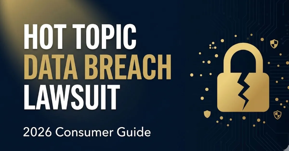 Hot Topic data breach lawsuit 2026 guide banner with broken padlock icon and bold legal headline text