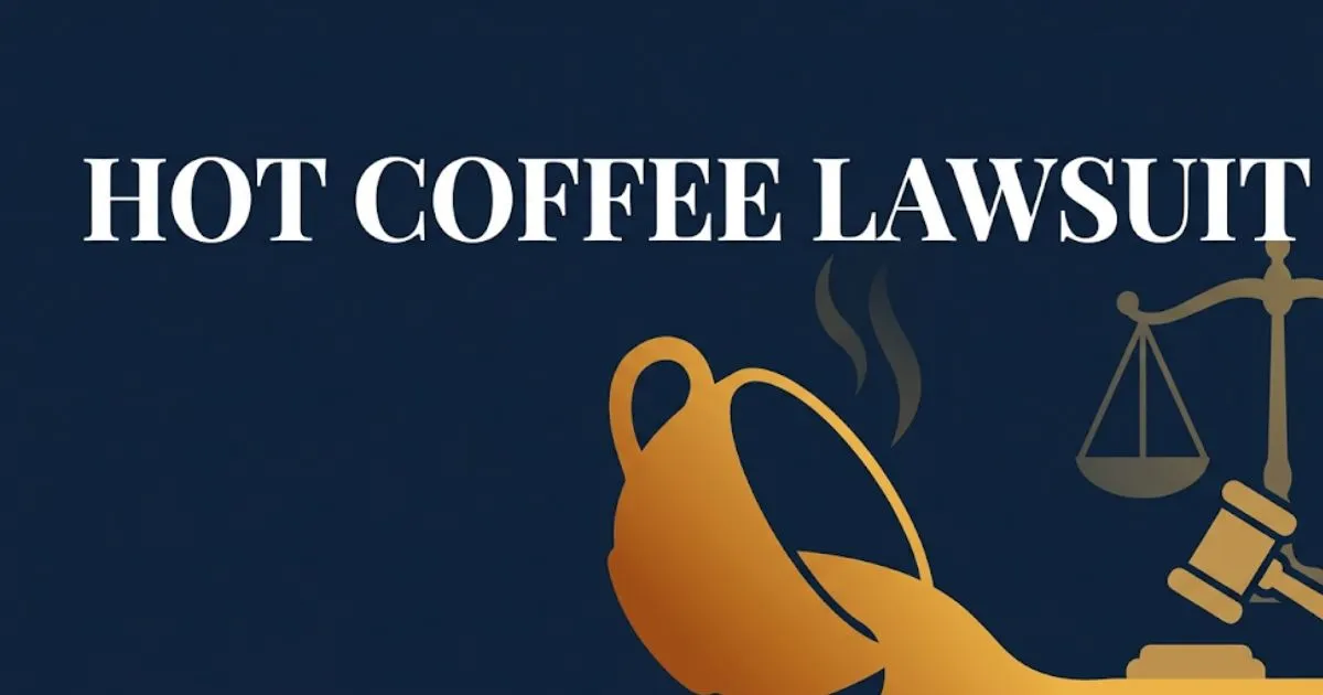 Hot coffee lawsuit blog banner with legal scales, spilled cup, and bold headline text