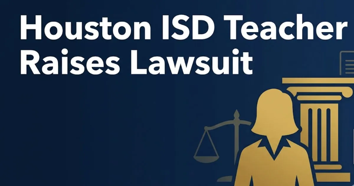 Houston ISD teacher raises lawsuit 2026 guide banner with courthouse silhouette and legal scales on navy background
