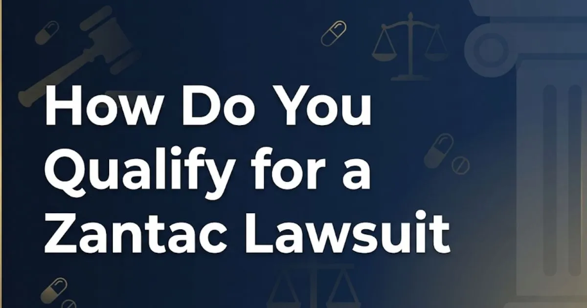 How do you qualify for a Zantac lawsuit infographic with legal symbols and pill icons on navy background MAIN KEYWORD {{how do you qualify for a zantac lawsuit}} CLUSTER KEYWORDS {{paste clu