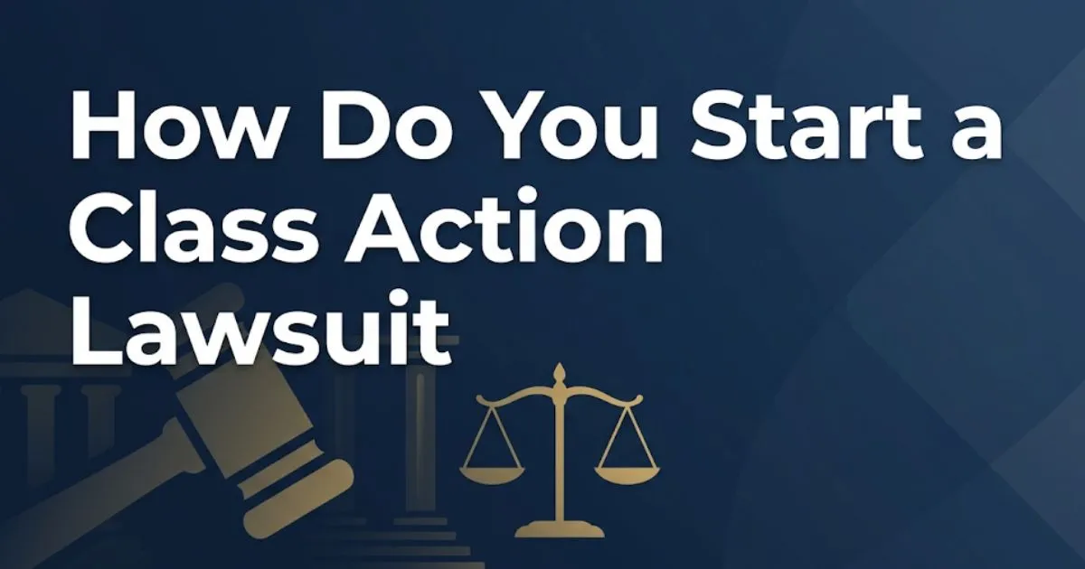 How do you start a class action lawsuit guide banner with legal symbols and navy gold design