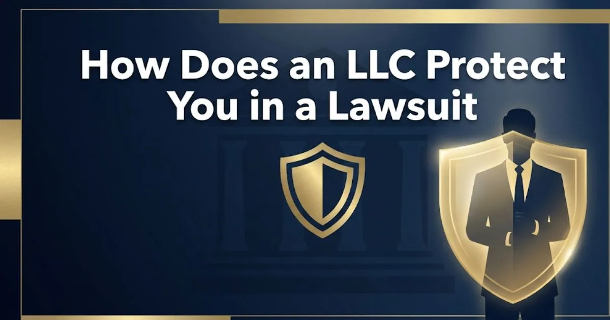 How does an LLC protect you in a lawsuit graphic showing personal asset shield and legal protection concept 2026