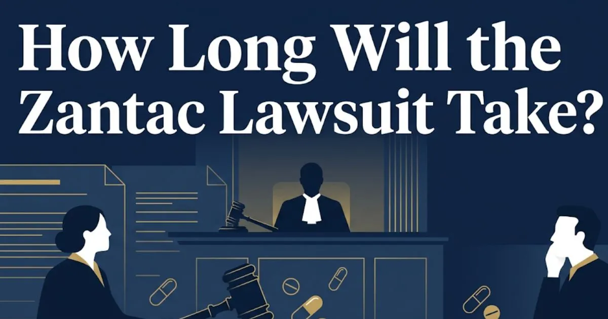 How long will the Zantac lawsuit take infographic with legal symbols and timeline elements