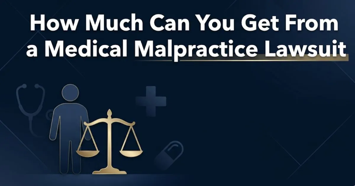 How much can you get from a medical malpractice lawsuit infographic with legal and medical icons