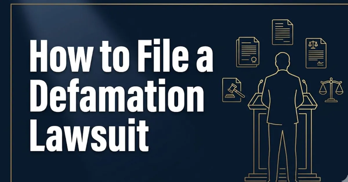 How to File a Defamation Lawsuit guide banner with legal icons, gavel, and silhouette on navy background