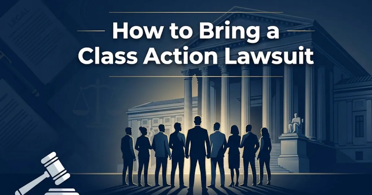 How to bring a class action lawsuit guide with courthouse and group silhouette design